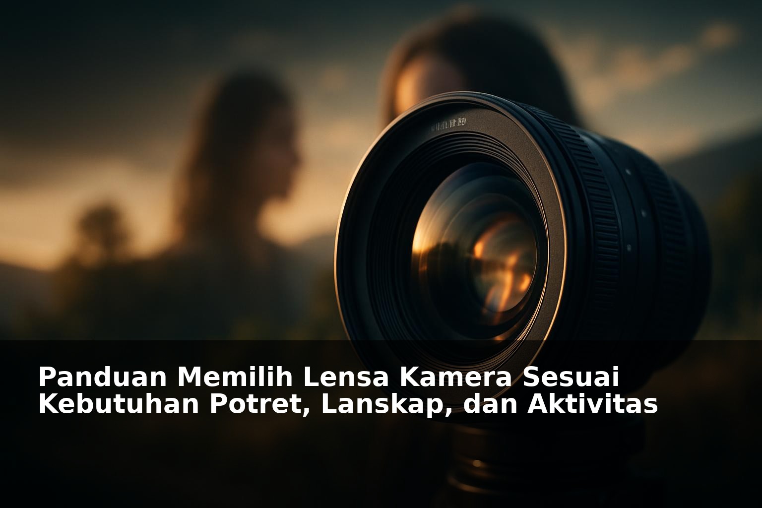 Lensa kamera profesional dengan latar lanskap dan potret