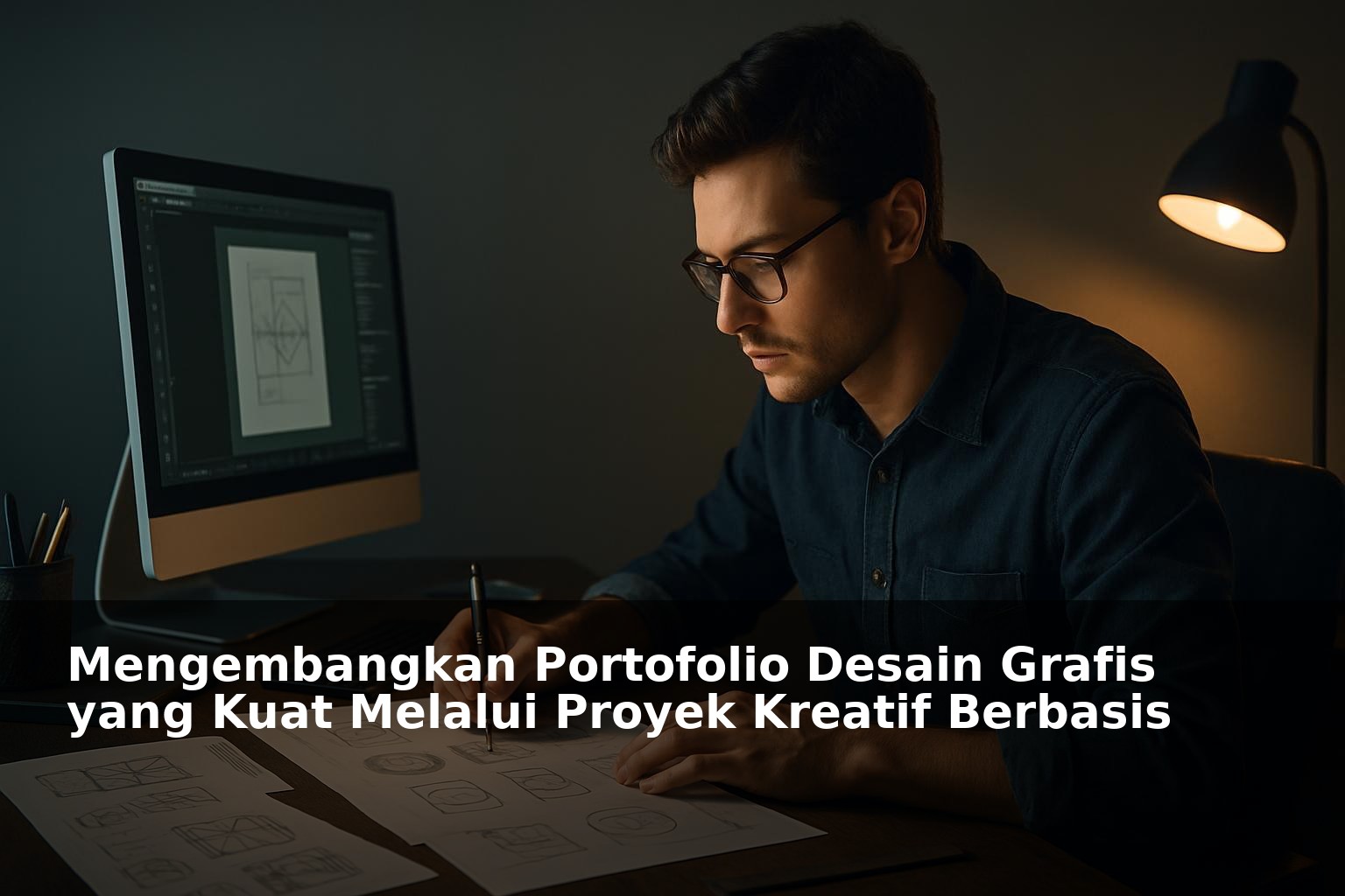 Seorang desainer grafis sedang bekerja dengan komputer dan sketsa desain di meja