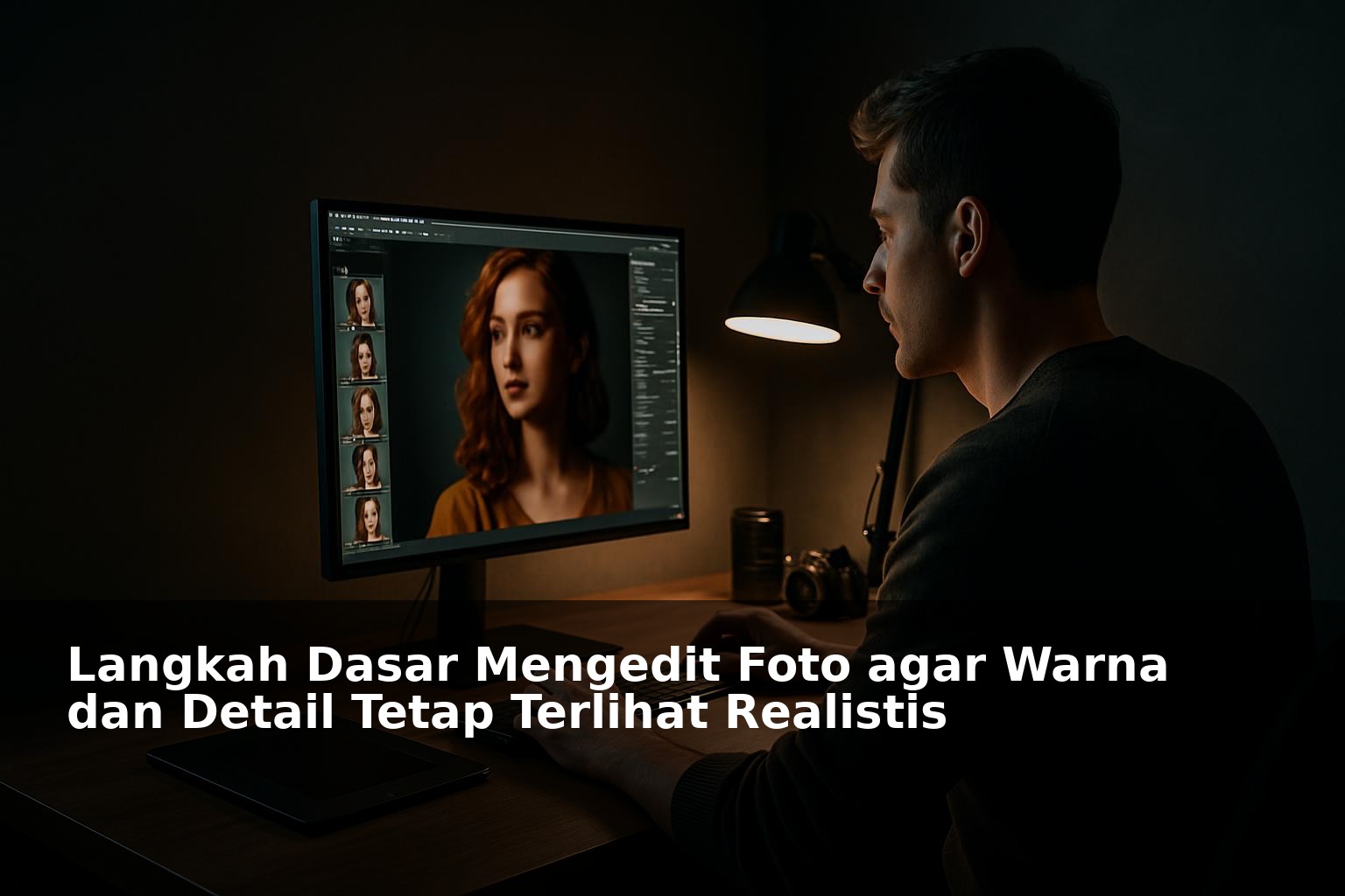 Proses mengedit foto dengan warna dan detail realistis di komputer