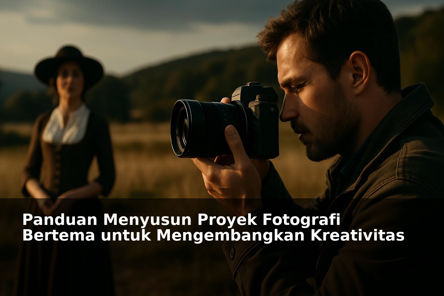 Seorang fotografer sedang memotret objek dengan latar belakang tematik yang artistik