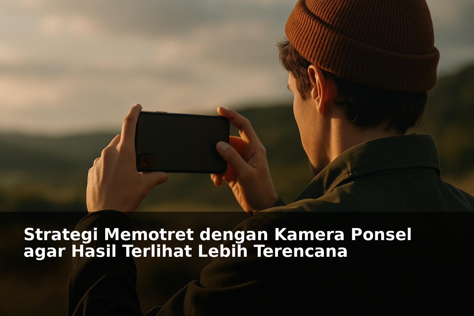 Fotografer menggunakan kamera ponsel dengan komposisi terencana di lokasi outdoor