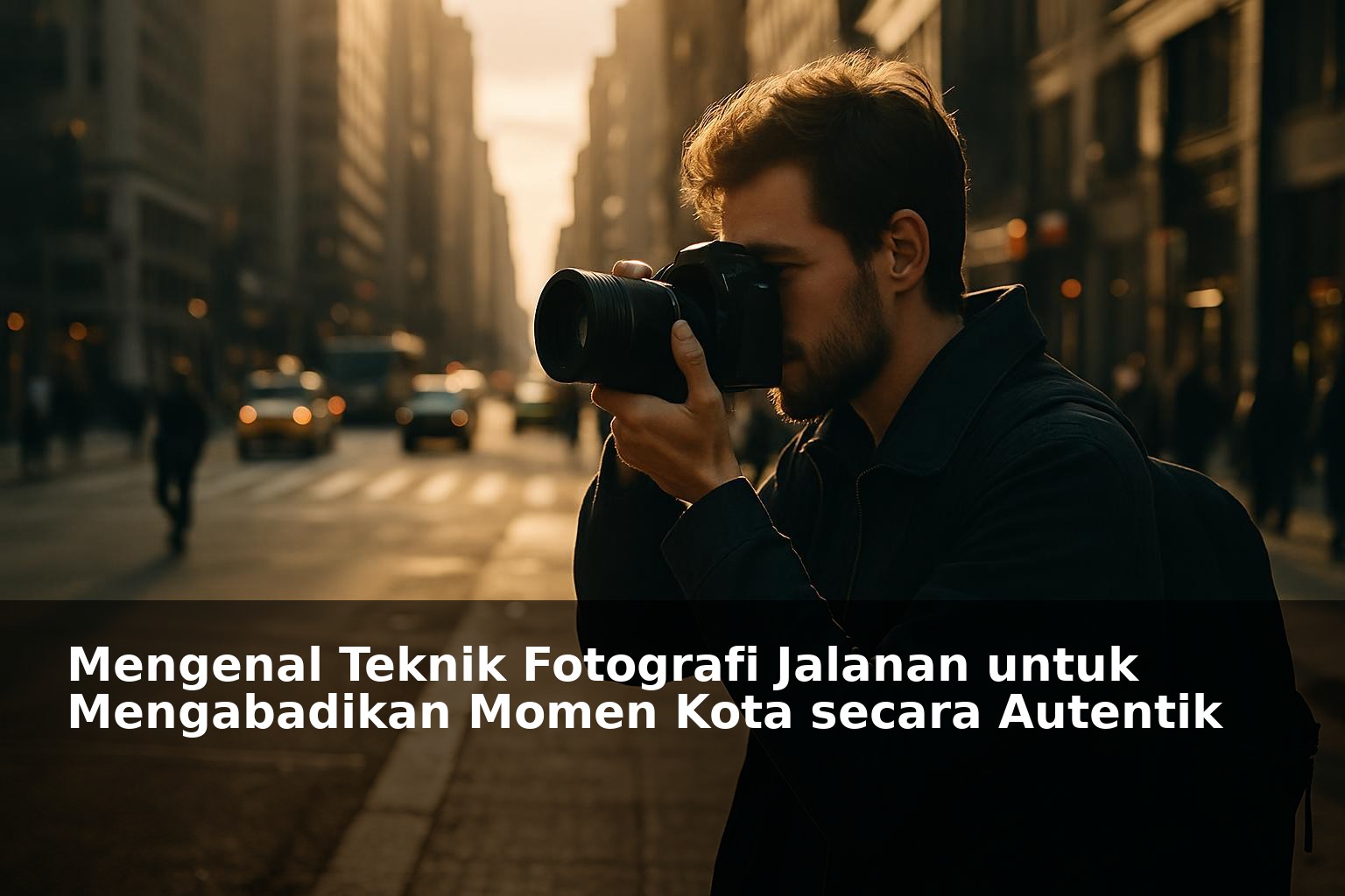 Seorang fotografer sedang memotret suasana jalanan kota dengan kamera profesional di sore hari