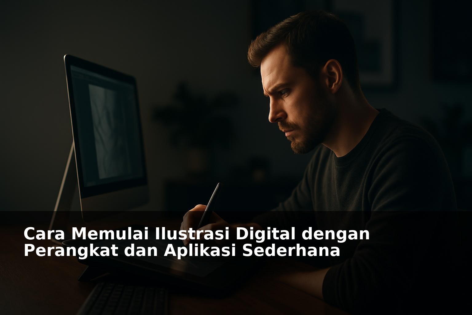Seorang ilustrator sedang menggunakan tablet grafis dengan aplikasi ilustrasi digital di layar komputer